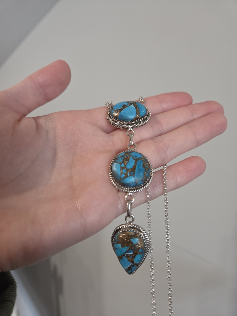 Copper Turquoise Sterling Three-Drop Necklace - Picture 3 of 5